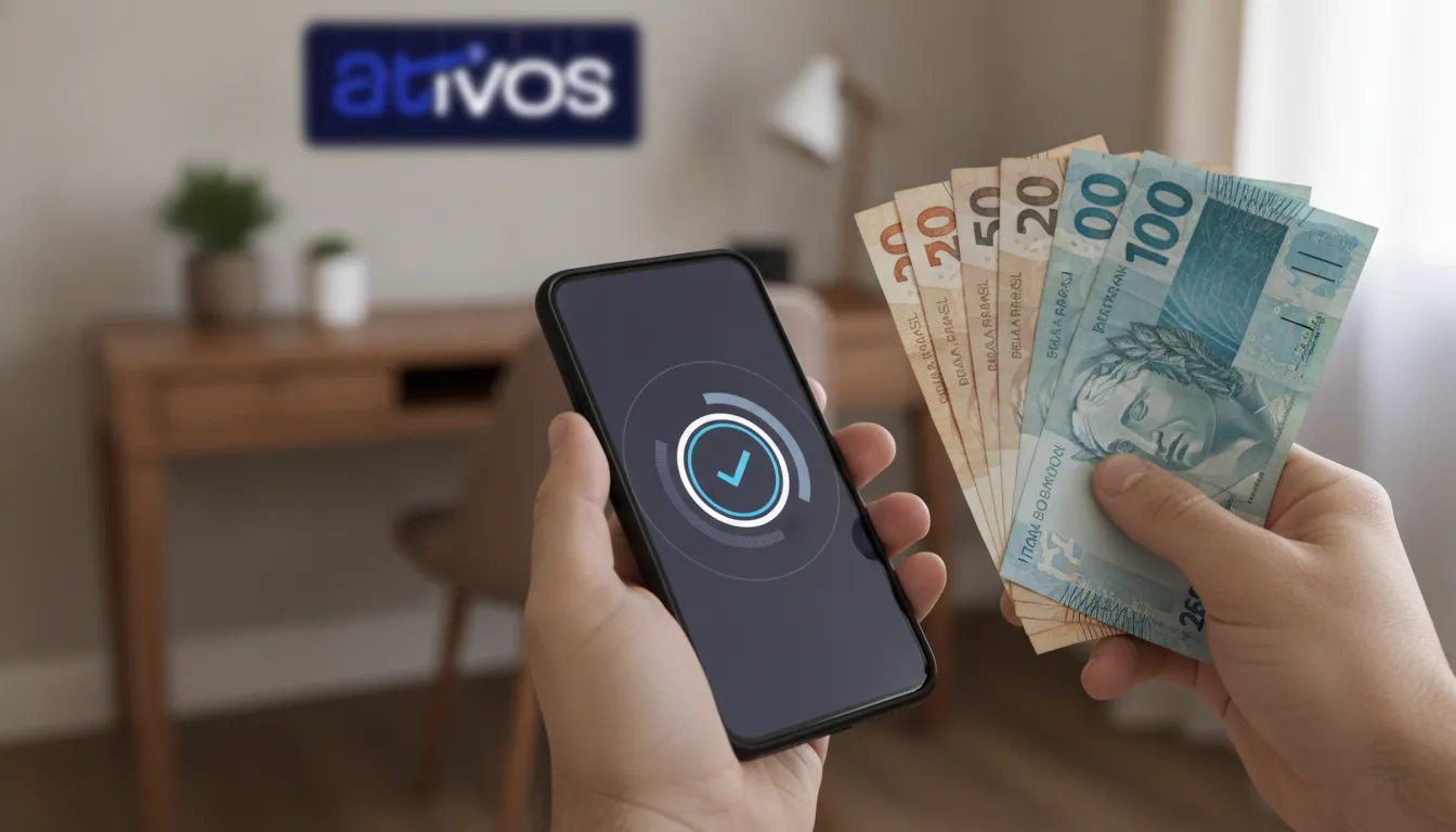 Mãos seguram celular com app e dinheiro, representando antecipação segura de precatório trabalhista.