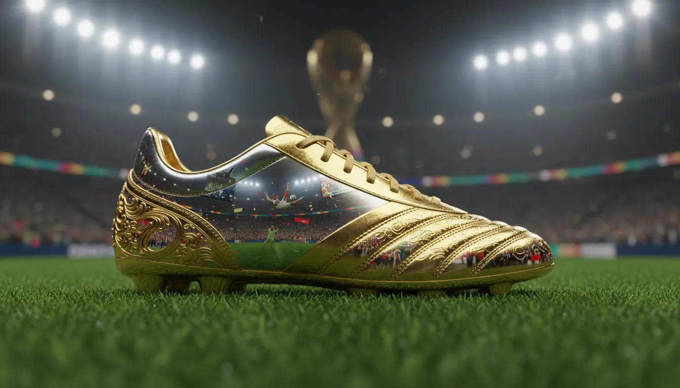 Chuteira de ouro em close-up, simbolizando o troféu do artilheiro copa do mundo 2026.