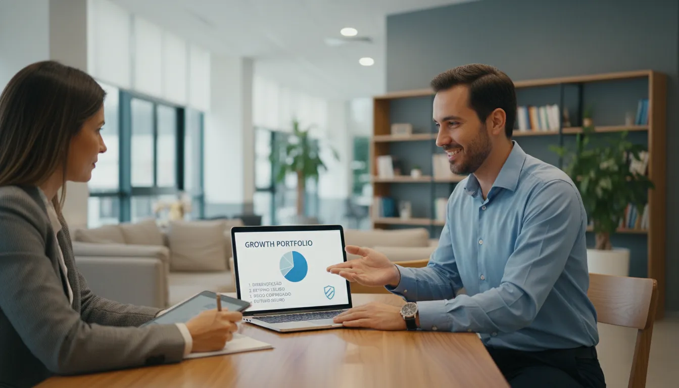 Consultor financeiro apresentando diferentes opções de financiamento para cliente em escritório.