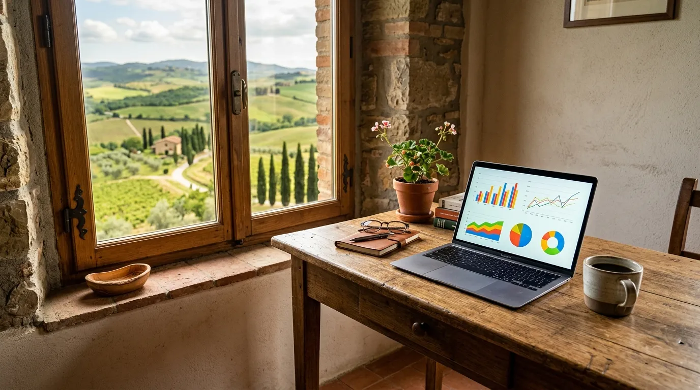 Escritório aconchegante para trabalhar nômade digital itália com bela vista das colinas da Toscana.