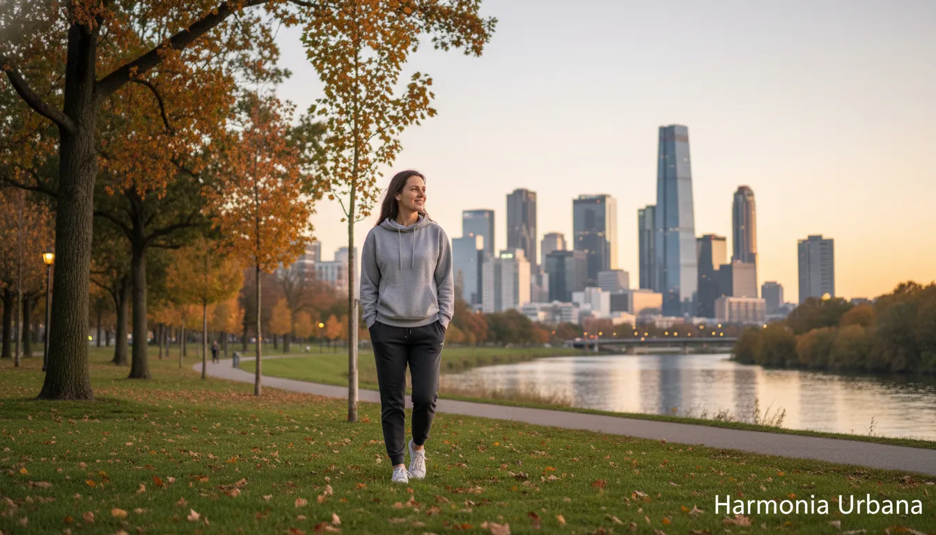 Pessoa caminhando ao ar livre em ambiente urbano ao anoitecer com sensação de bem-estar