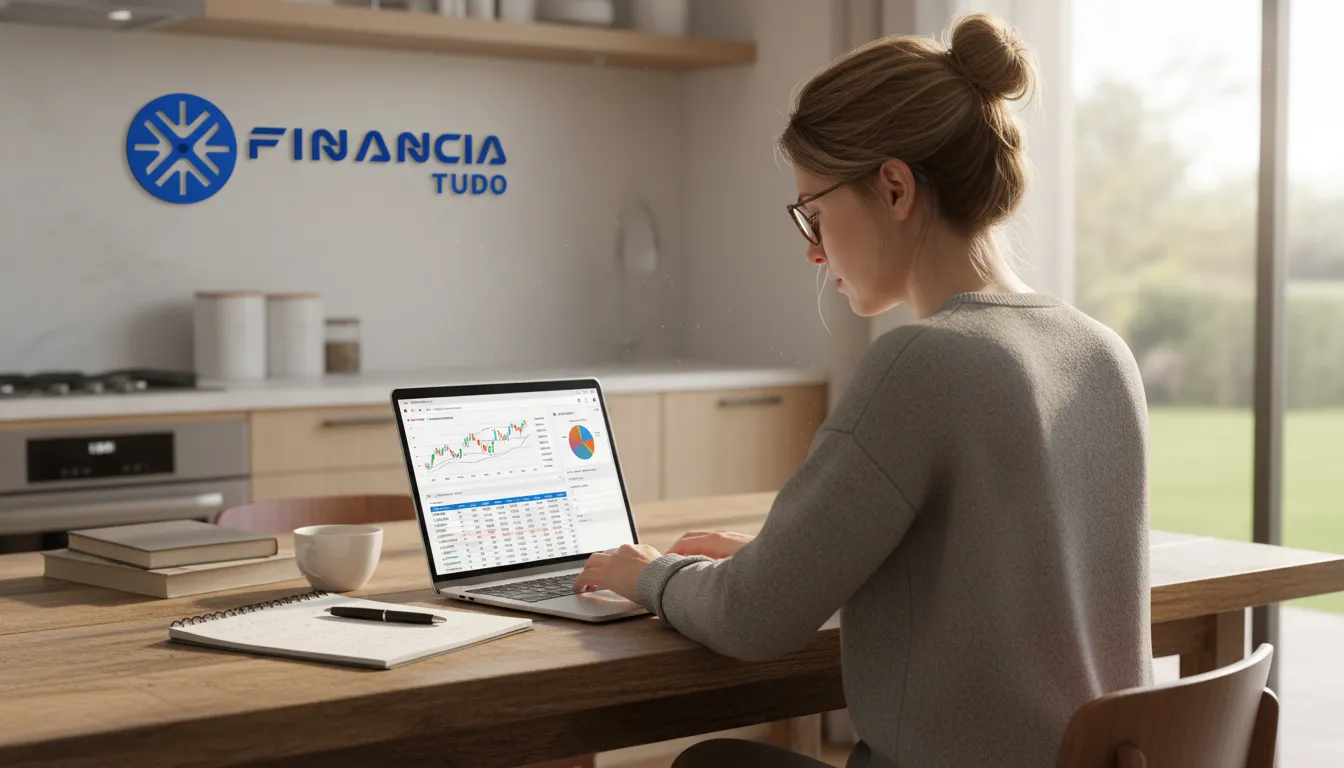 Pessoa analisa opções financeiras no laptop, buscando alternativas para terminar obra sem dinheiro e planejar o futuro.