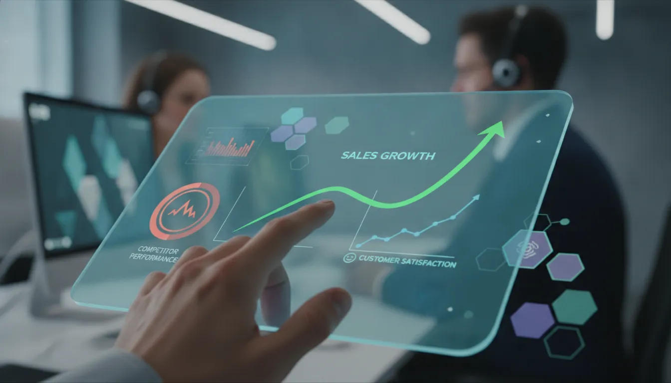 Mão interage com tablet exibindo dados de vendas e satisfação, superando a concorrência digital.