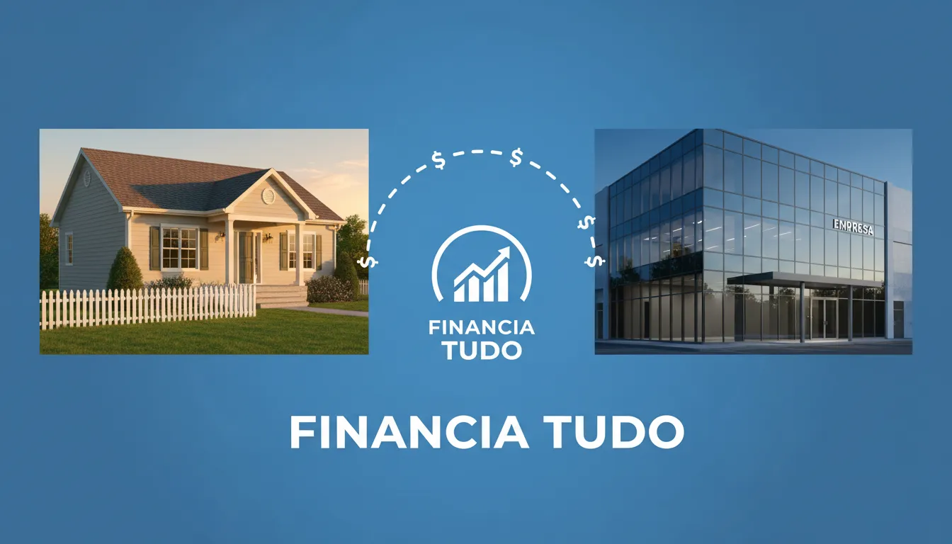 Ilustração mostrando como usar refinanciamento de imóvel para investir em um novo negócio, com a Financia Tudo como elo entre o lar e o sucesso empresarial.