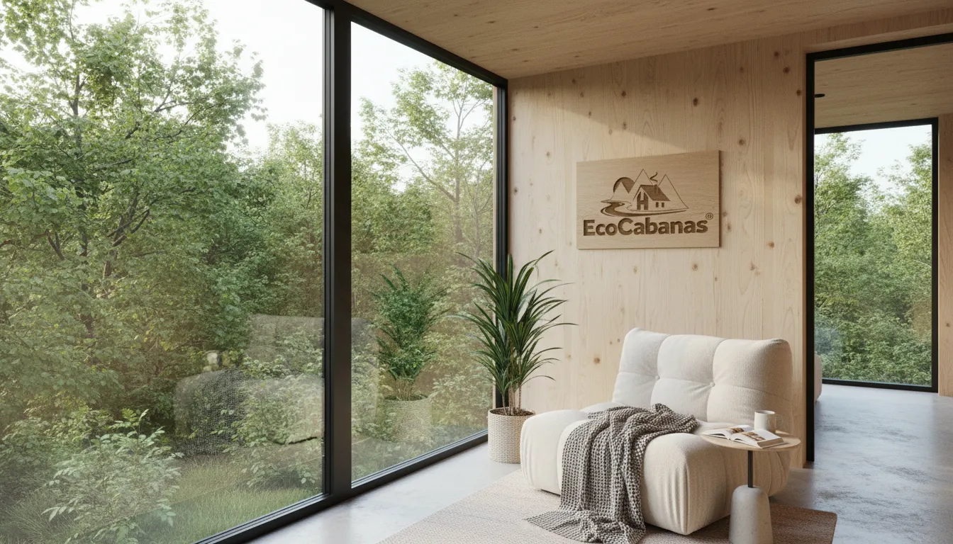 Interior acolhedor de cabana em chácara à venda, com design minimalista e vista para a floresta, ideal para relaxar e desfrutar da natureza.