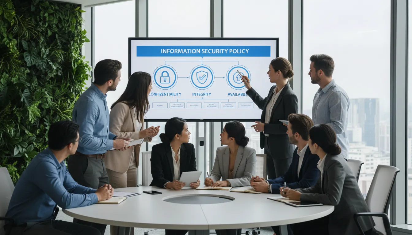 Treinamento de colaboradores sobre política de segurança da informação, com instrutor mostrando conceitos em quadro interativo moderno.