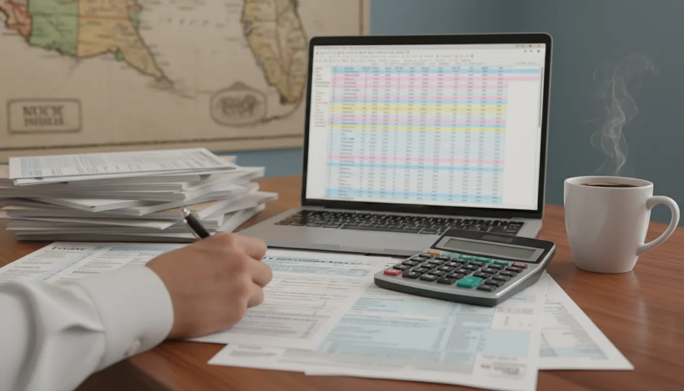 Mesa de trabalho organizada com documentos financeiros, representando o serviço de contador para brasileiros na Flórida.