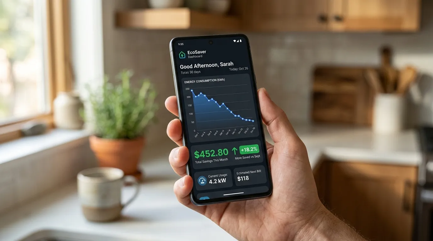 Aplicativo móvel mostrando economia com energia solar por assinatura para aluguel em tela de celular.