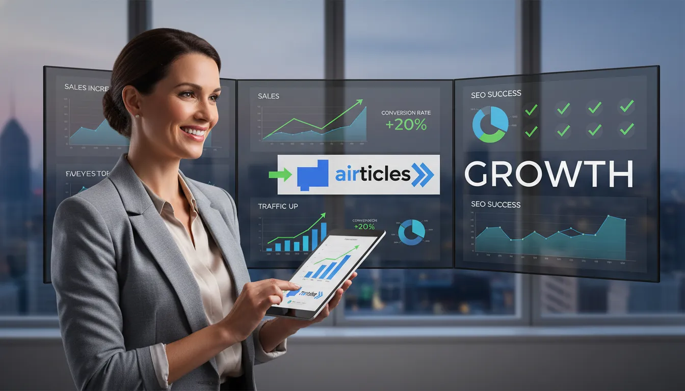 E-commerce store owner in Manhattan office, satisfied with improved website traffic from strategic SEO.