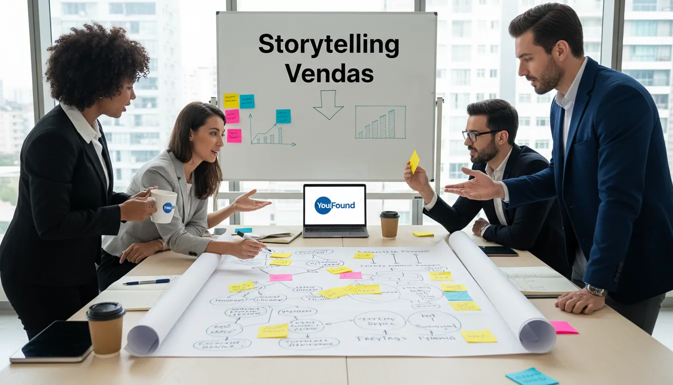 Sessão de brainstorming para estruturar o storytelling, com diagramas e o logo da YouFound, focando em narrativas que convertem vendas.