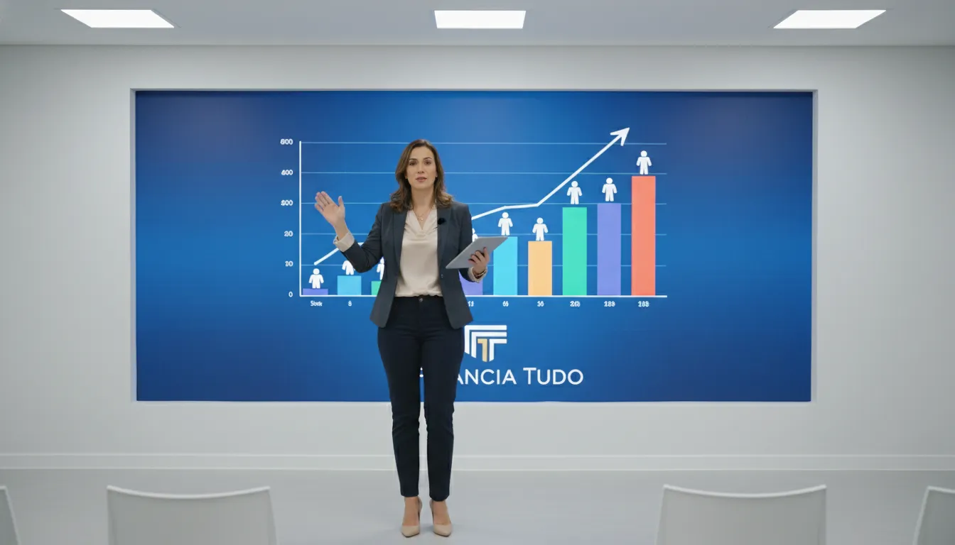 Mulher profissional apresenta estratégia de segmentação de público para afiliado crédito conversão em tela digital.