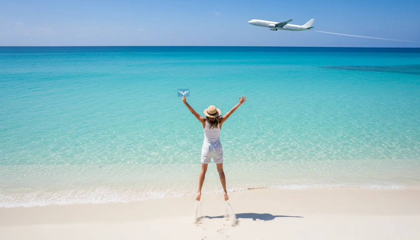Vista aérea de um viajante pulando alegremente na praia, segurando um cartão de crédito Viagente, representando os melhores cartões para milhas e experiências de viagem únicas.