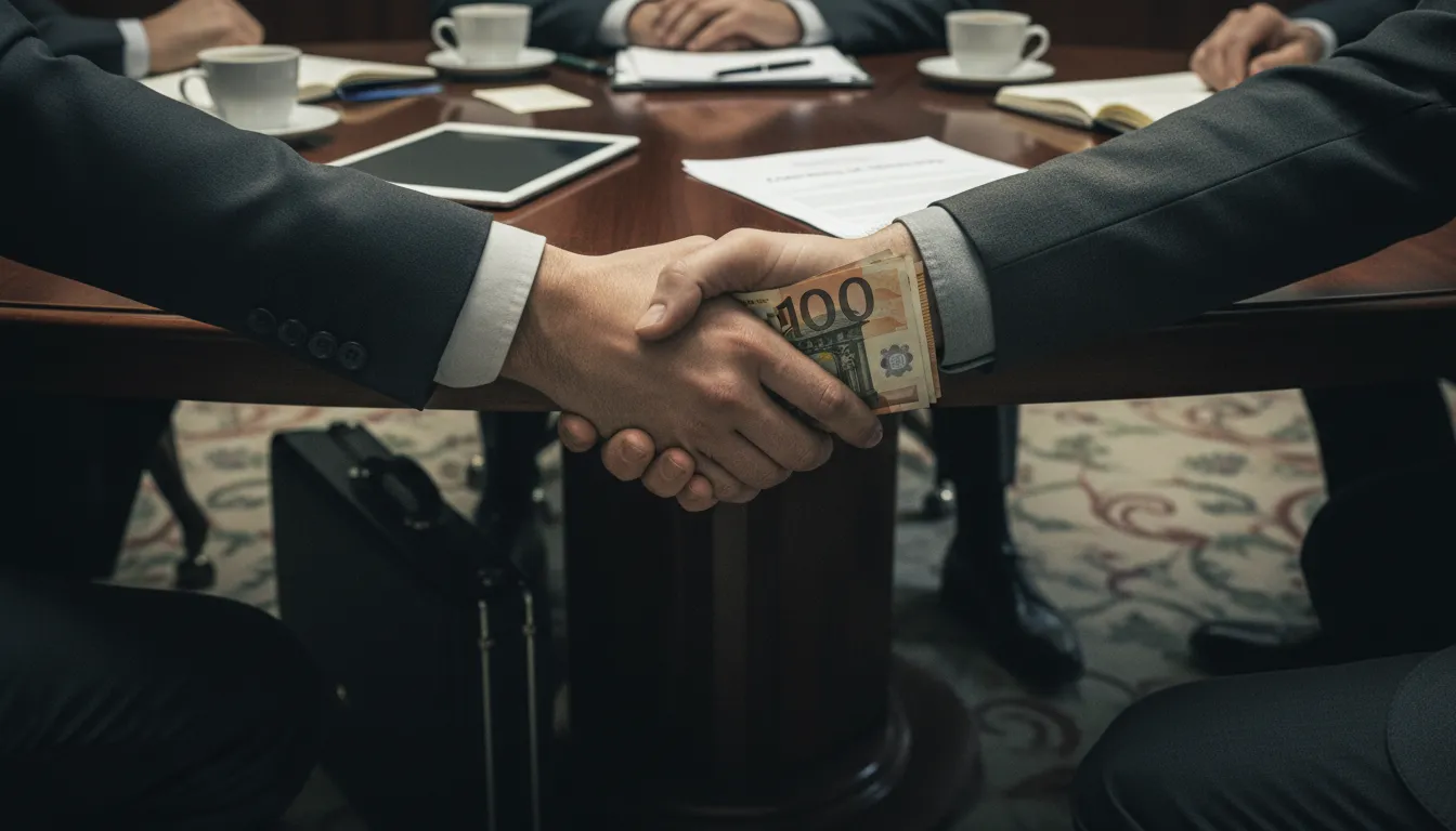 Aperto de mão secreto com dinheiro sob a mesa, simbolizando atos de corrupção ativa e passiva.