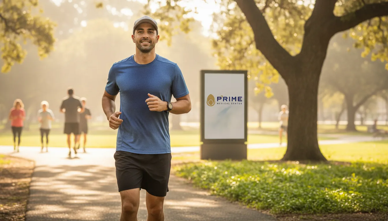 Homem saudável corre parque, simbolizando bem-estar e importância prevenção de DST masculina.