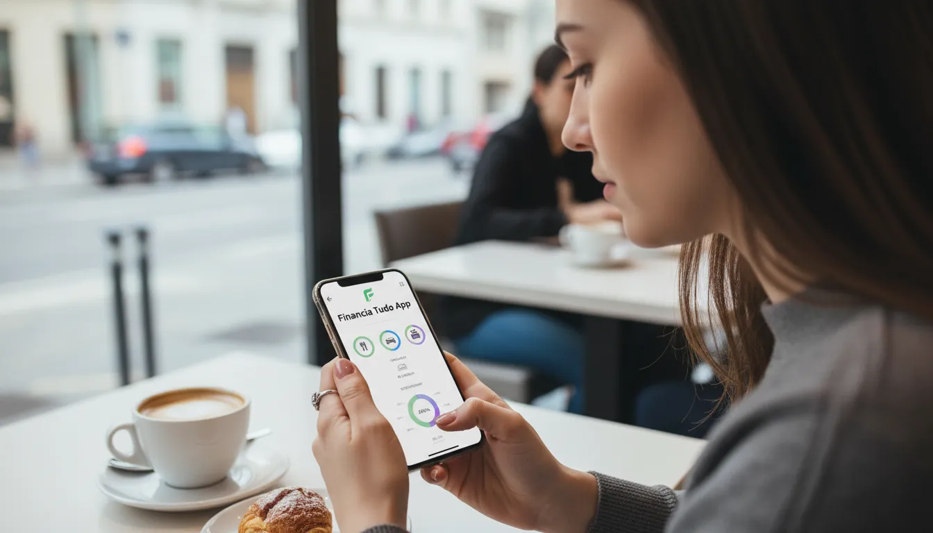 Mulher utilizando aplicativo da Financia Tudo para controlar as despesas do orçamento familiar no smartphone.