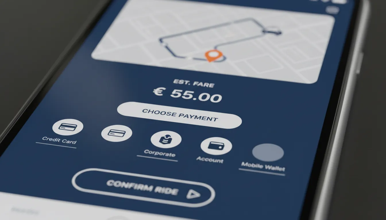 Interface de um aplicativo de taxi corporativo em um smartphone mostrando detalhes da corrida. Fotorrealismo.