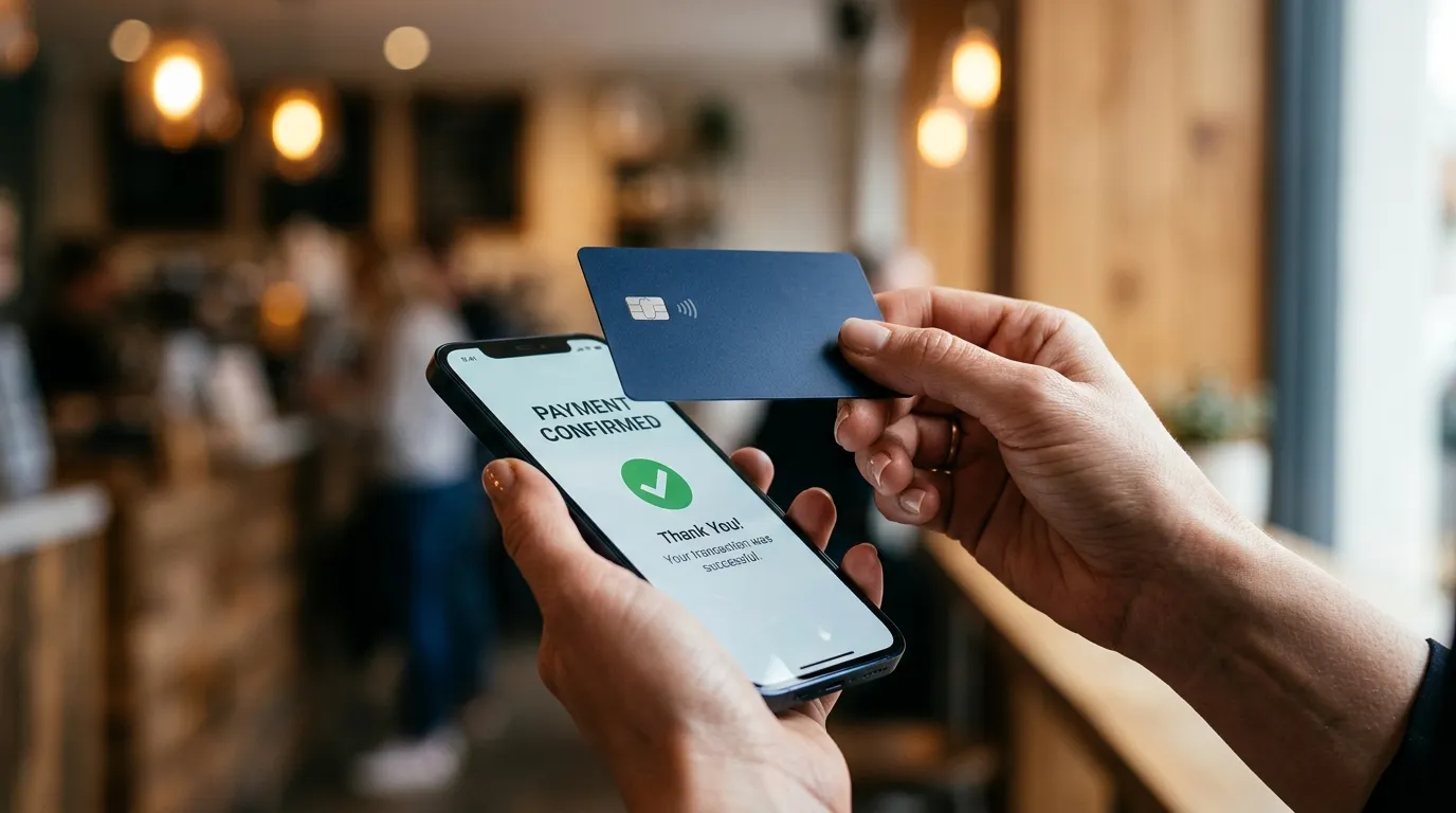 Cartao empresarial de banco digital para LLC sendo aproximado de smartphone para pagamento.