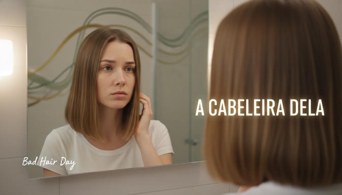 Mulher com expressão de preocupação, tocando seu cabelo que parece um pouco pesado após usar óleo capilar.