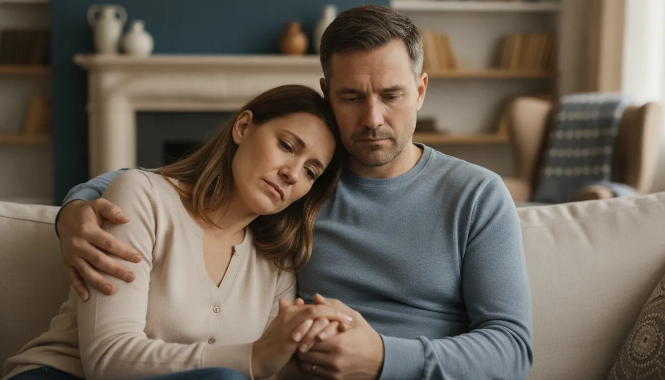 Casal abraçado no sofá, de mãos dadas, compartilhando a dor da perda gestacional e buscando apoio mútuo.