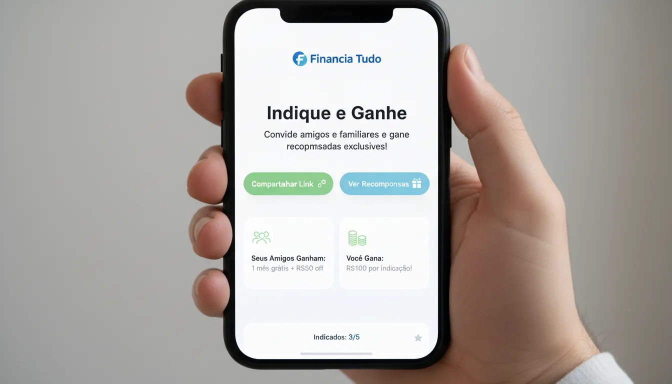 Interface de um programa de marketing de indicação exibida em um smartphone, com design amigável e o logo da Financia Tudo, destacando os benefícios das indicações.