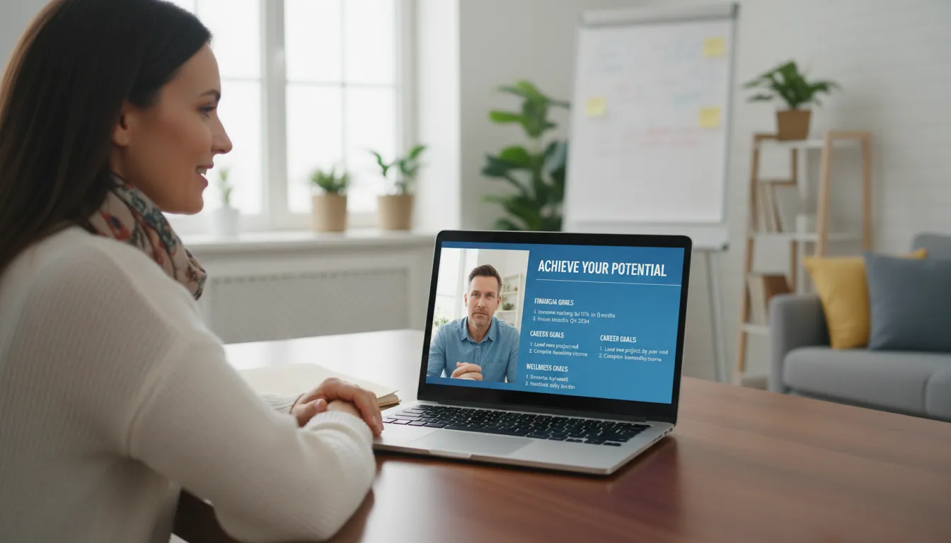 Coach auxiliando cliente online na definição de metas claras usando tecnologia em ambiente moderno.