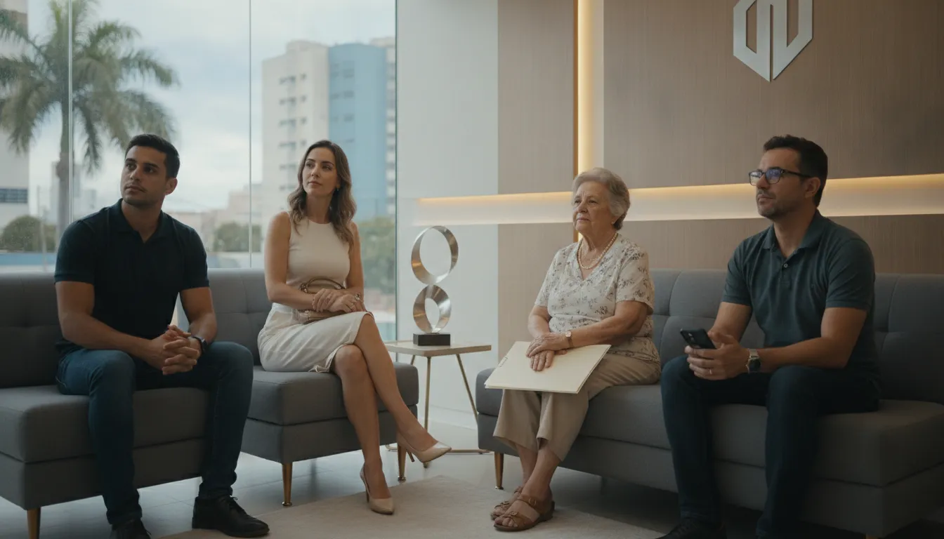 Clientes aguardam em escritório de advogado em Forquilhinha, ambiente profissional e acolhedor.