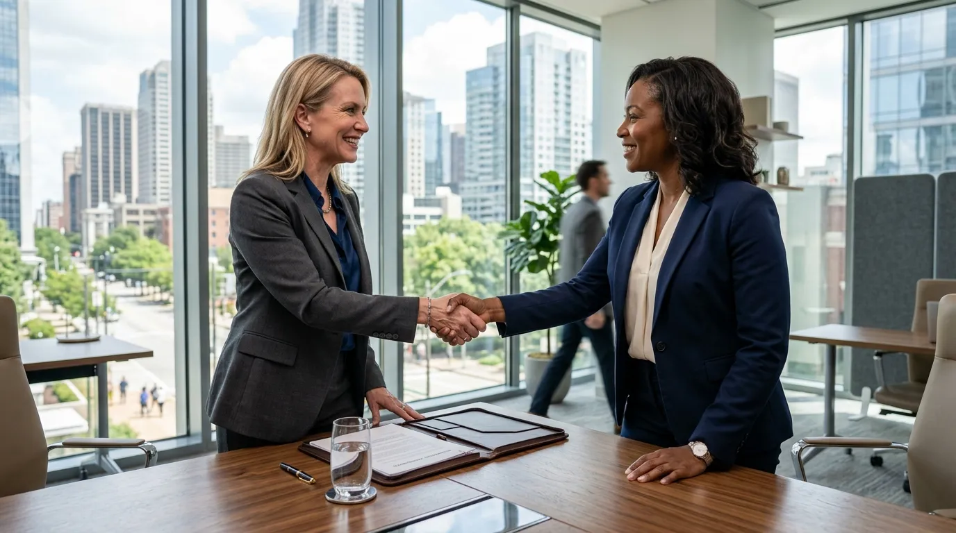 Aperto de mãos após negociação segura de contrato de franquia empresarial.