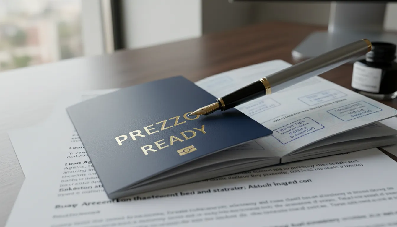 Um passaporte aberto sobre documentos financeiros, com uma caneta pronta para assinar. 'Prezzo Ready' em relevo na capa do passaporte, simbolizando o início de uma jornada para abrir empresa nos eua em 2026.