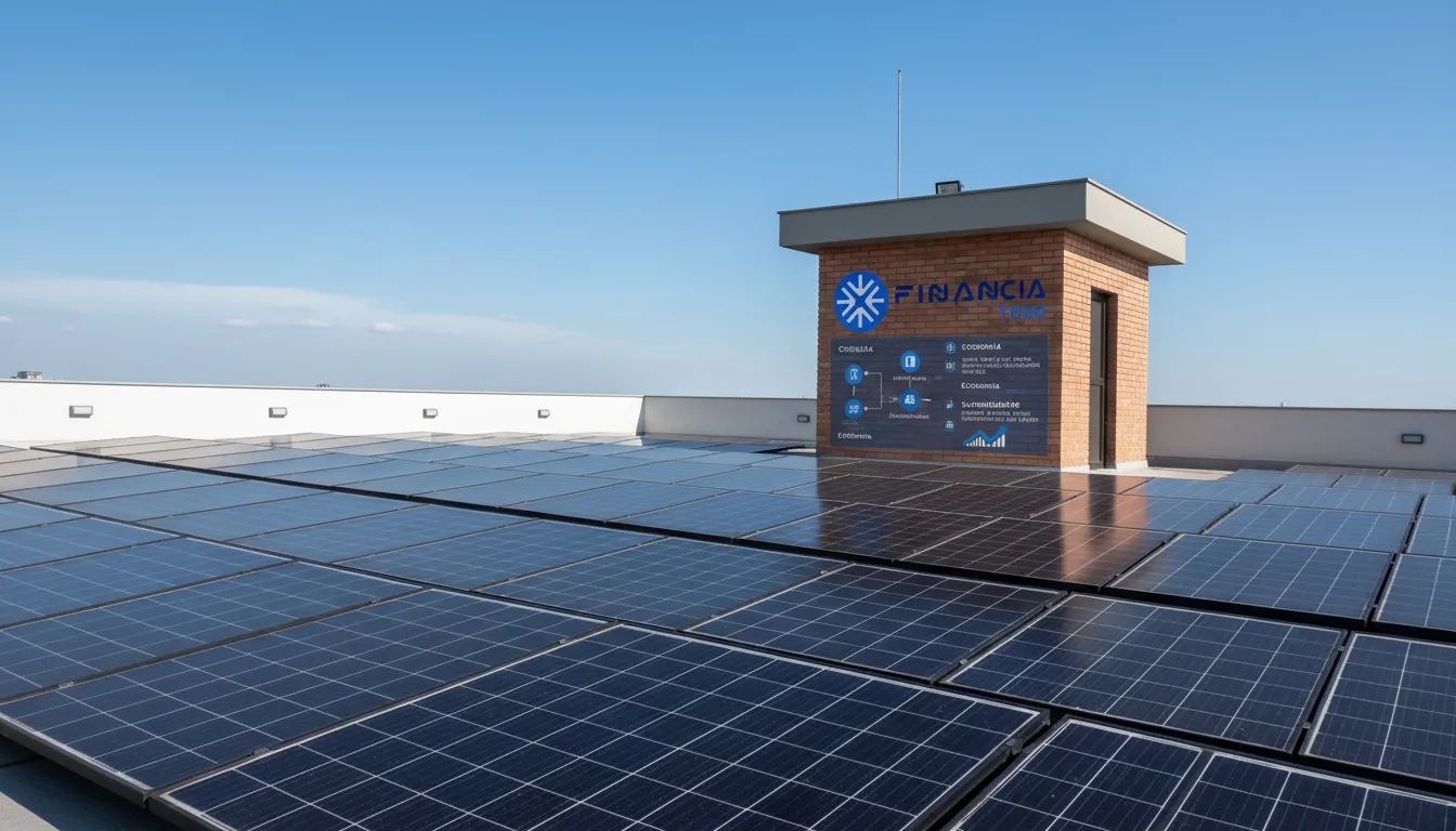 Painéis solares no telhado do condomínio com infográfico sobre energia solar para condomínios financiamento Financia Tudo.