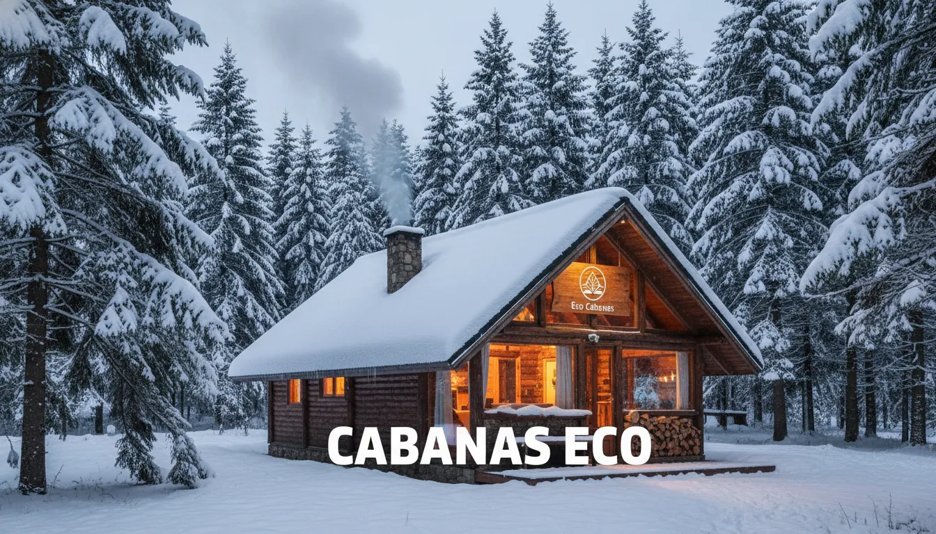 Cabana Eco Cabanas em uma floresta nevada, com fumaça saindo da chaminé, indicando o uso do fogão a lenha. Ambiente convidativo e aconchegante.