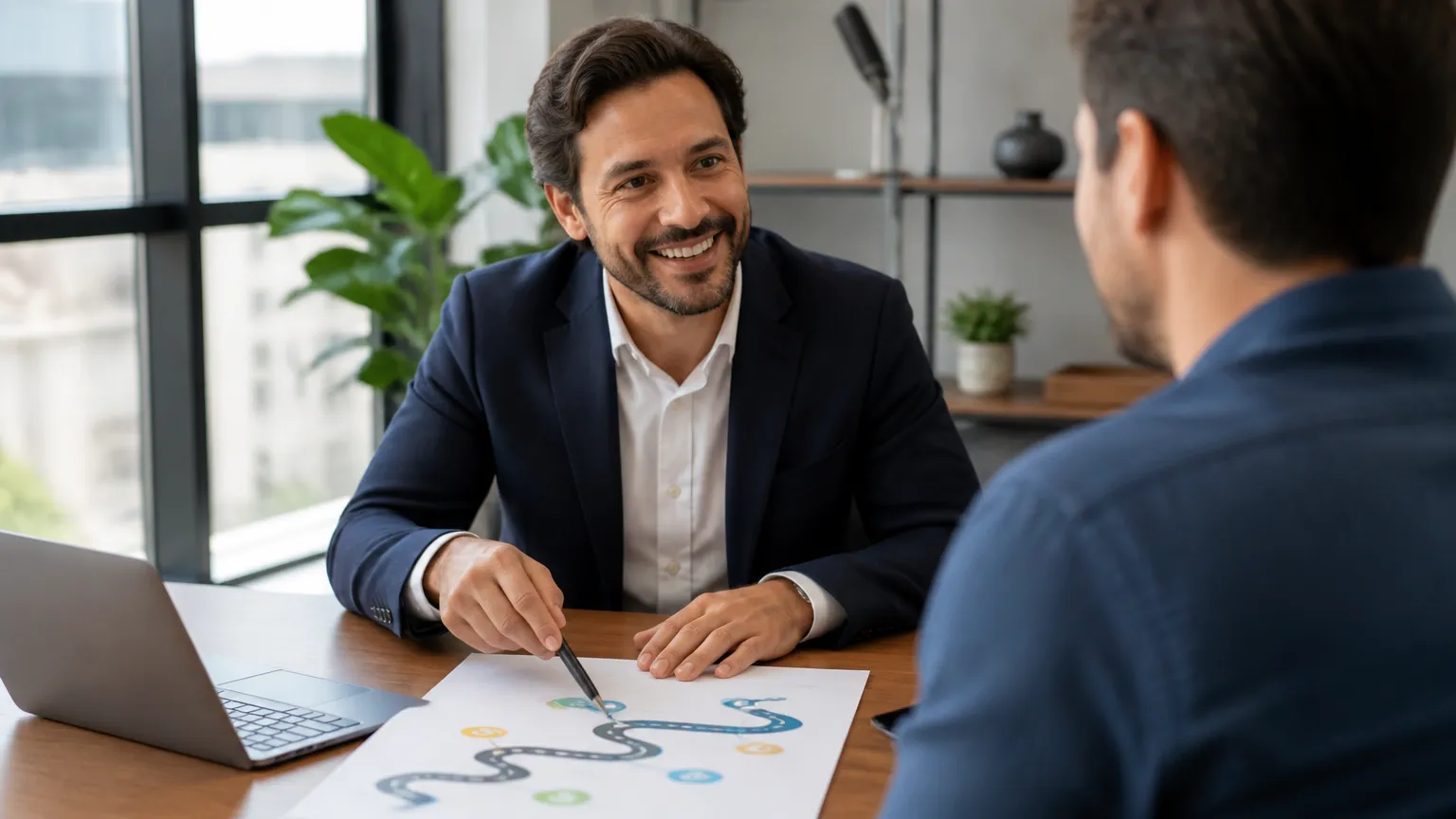 Consultor oferecendo suporte para entender como gerar negócios com contatos profissionais sem venda direta.