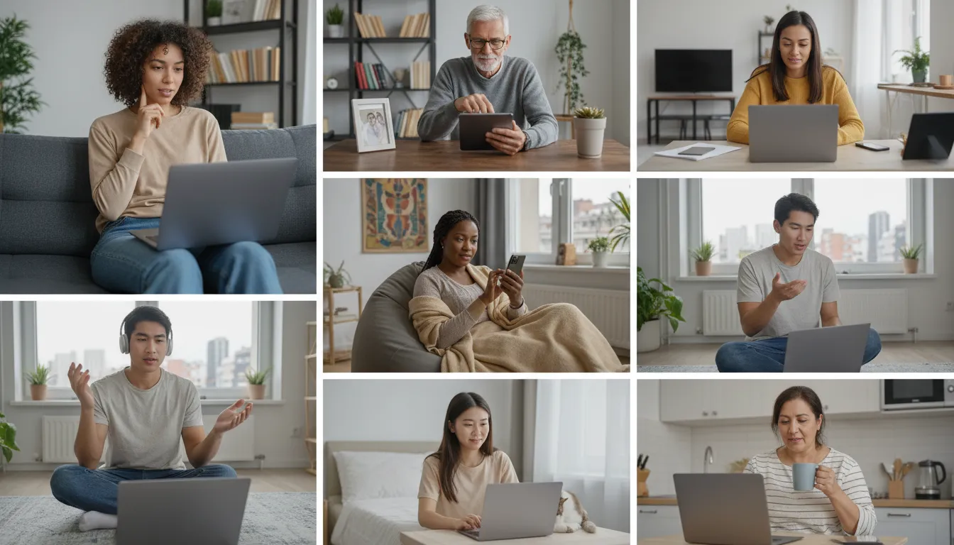 Pessoas de diferentes idades em sessões de terapia online, demonstrando inclusão e acessibilidade.