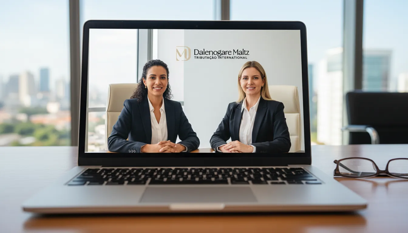 Advogadas brasileiras em consulta virtual explicando nuances da dupla residência fiscal e tributação internacional.