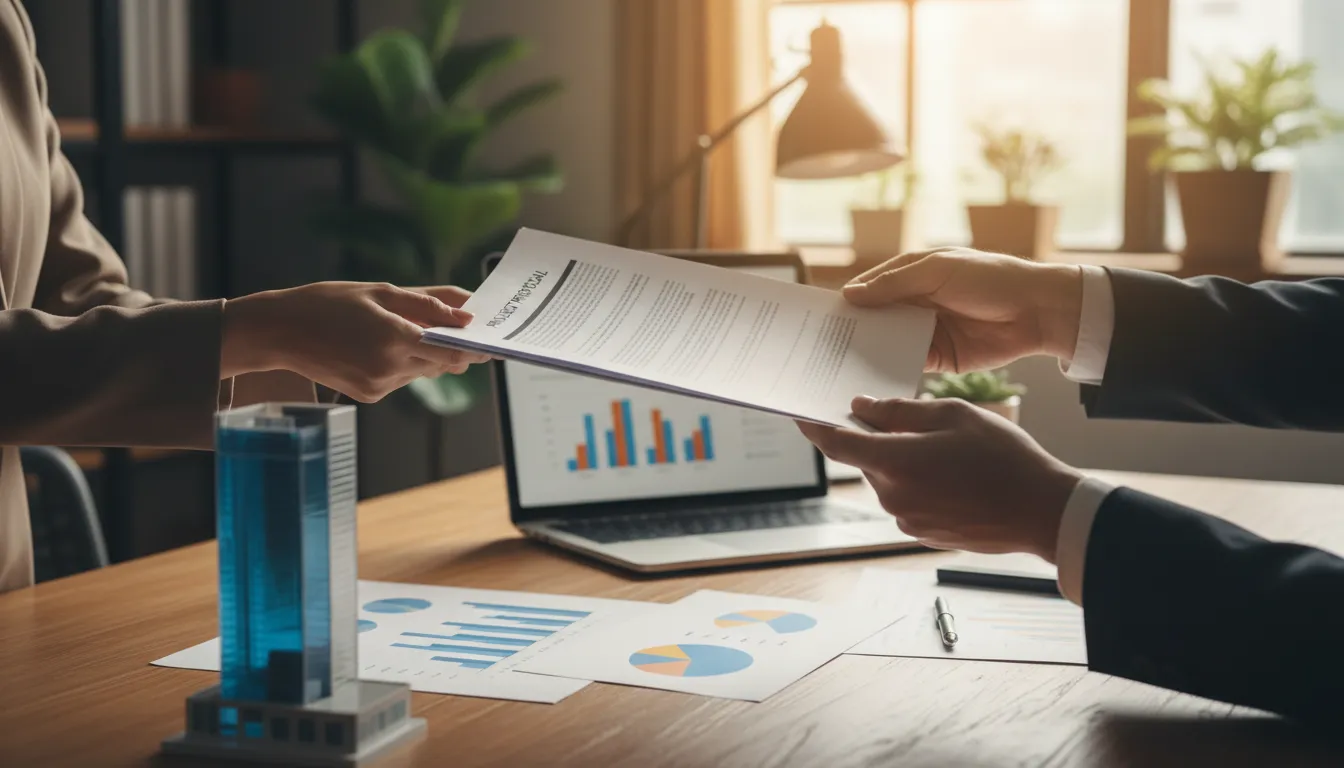 Aproximação de mãos trocando documentos ao formalizar um financiamento imobiliário comercial