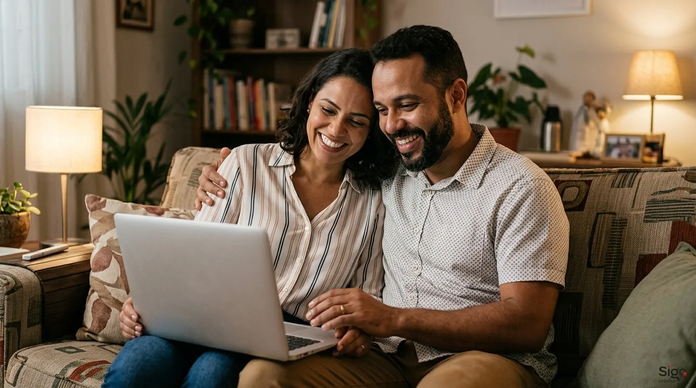 Casal sorrindo ao realizar simulação de empréstimo consignado clt no computador de casa.