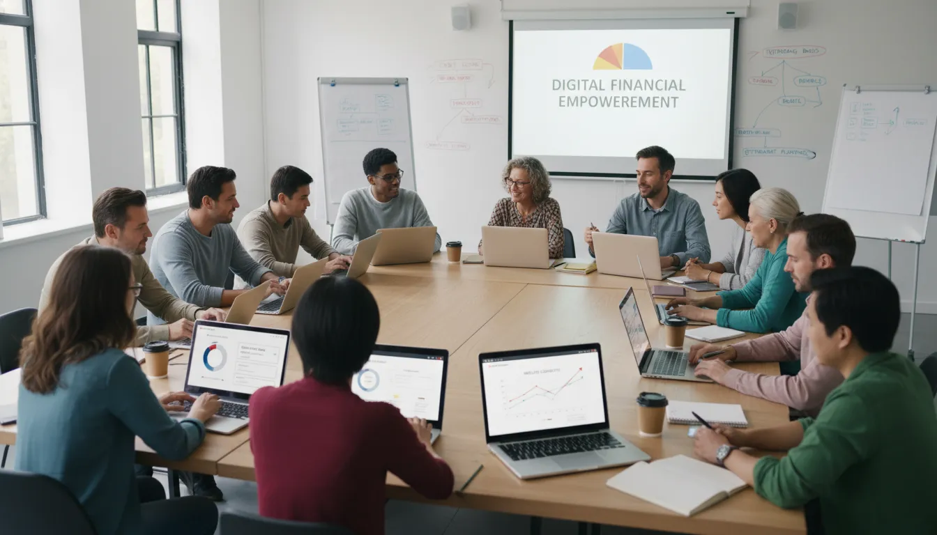Grupo diversificado aprendendo finanças pessoais em tablets e notebooks com gráficos digitais visíveis e ambiente moderno.