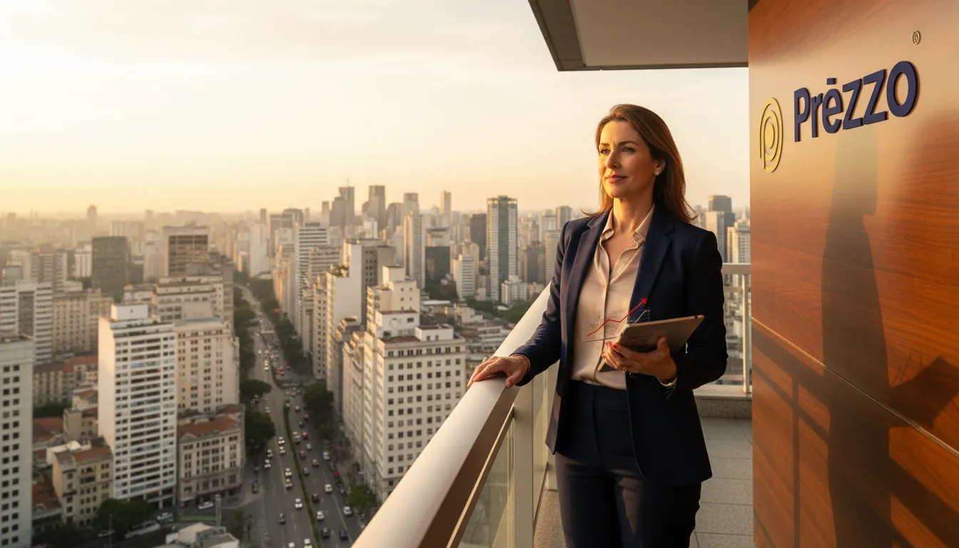 Emprendedora exitosa contemplando crecimiento futuro en una oficina de contabilidad en Brasil.