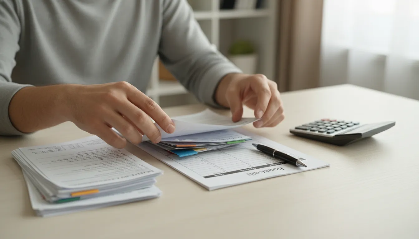 Mãos organizam contas e orçamento, essenciais para planejamento financeiro crédito consciente e eficaz.