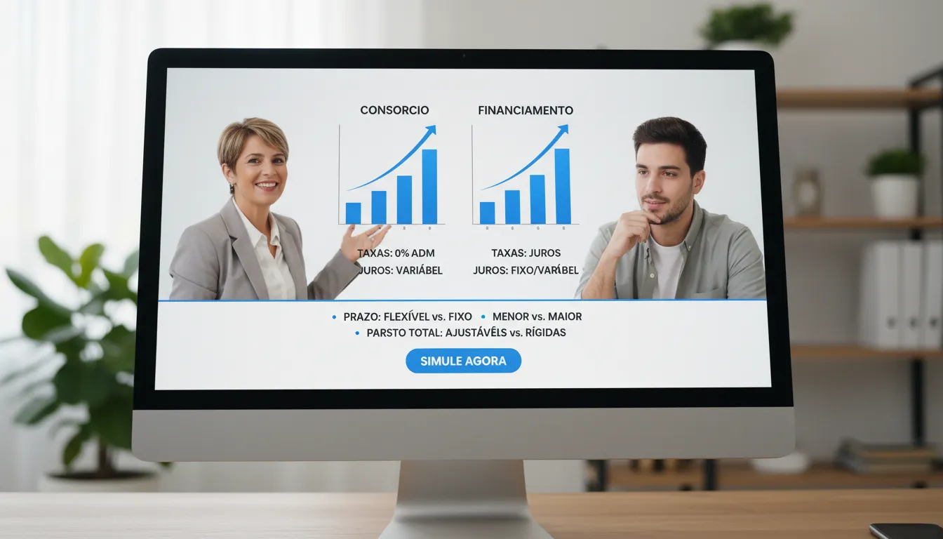 Especialista financeiro explicando diferenças entre consórcio e financiamento em consulta online