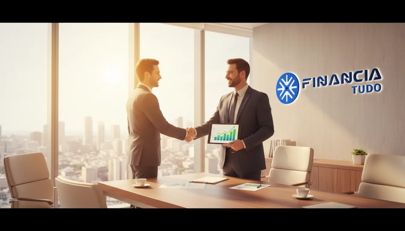 Aperto de mão entre consultor financeiro e cliente, simbolizando a parceria da Financia Tudo com o afiliado iniciante em produtos financeiros e confiança.