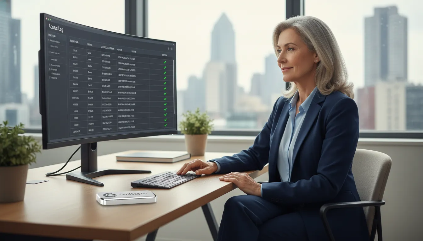 Gerente revisa auditoria de acesso e compartilhamento certificado digital colaborador em sistema seguro.