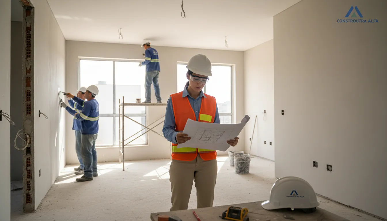 Engenheiro analisa documentos enquanto acompanha os últimos detalhes do término de uma construção.