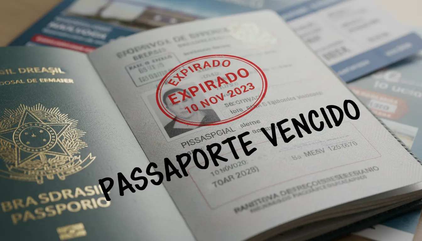 Detalhe de um passaporte com carimbo de data de validade expirada. Consulte a Viagente para dicas de como renovar passaporte e evitar problemas.