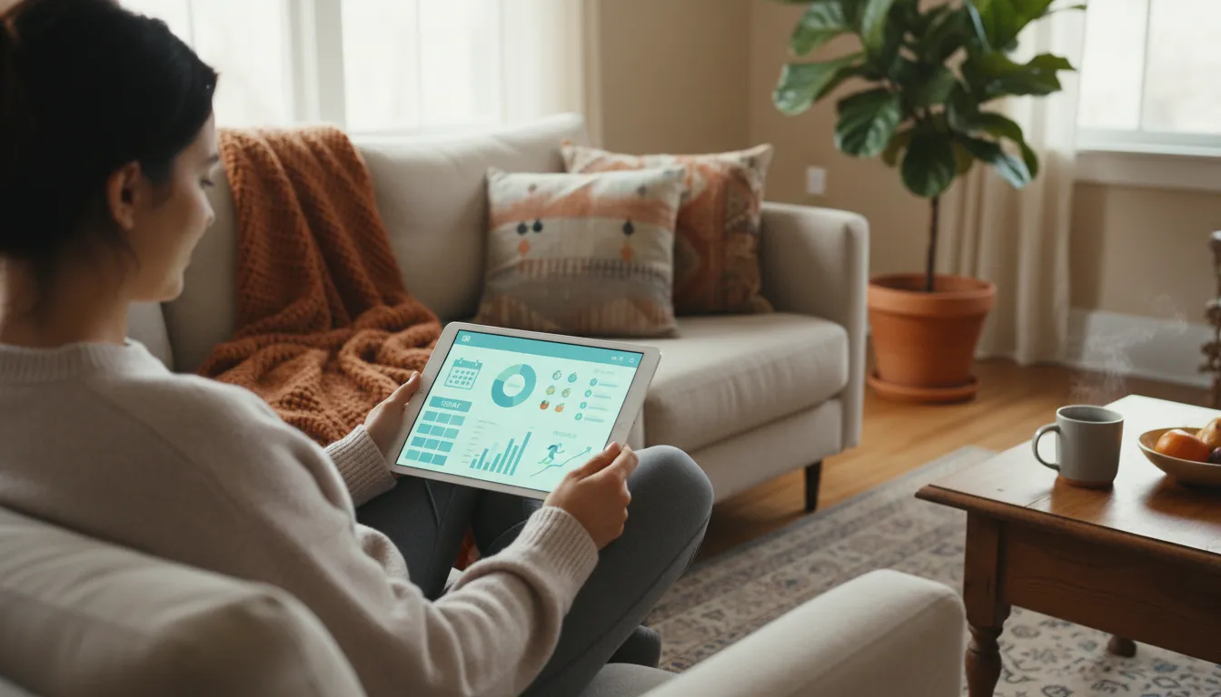 Mulher usando tablet para acessar plano de treino online personalizado com cronograma, nutrição e acompanhamento.