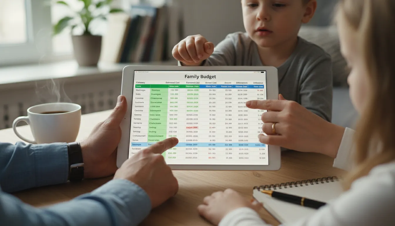 Planilha de orçamento familiar detalhada sendo analisada por diferentes membros da família