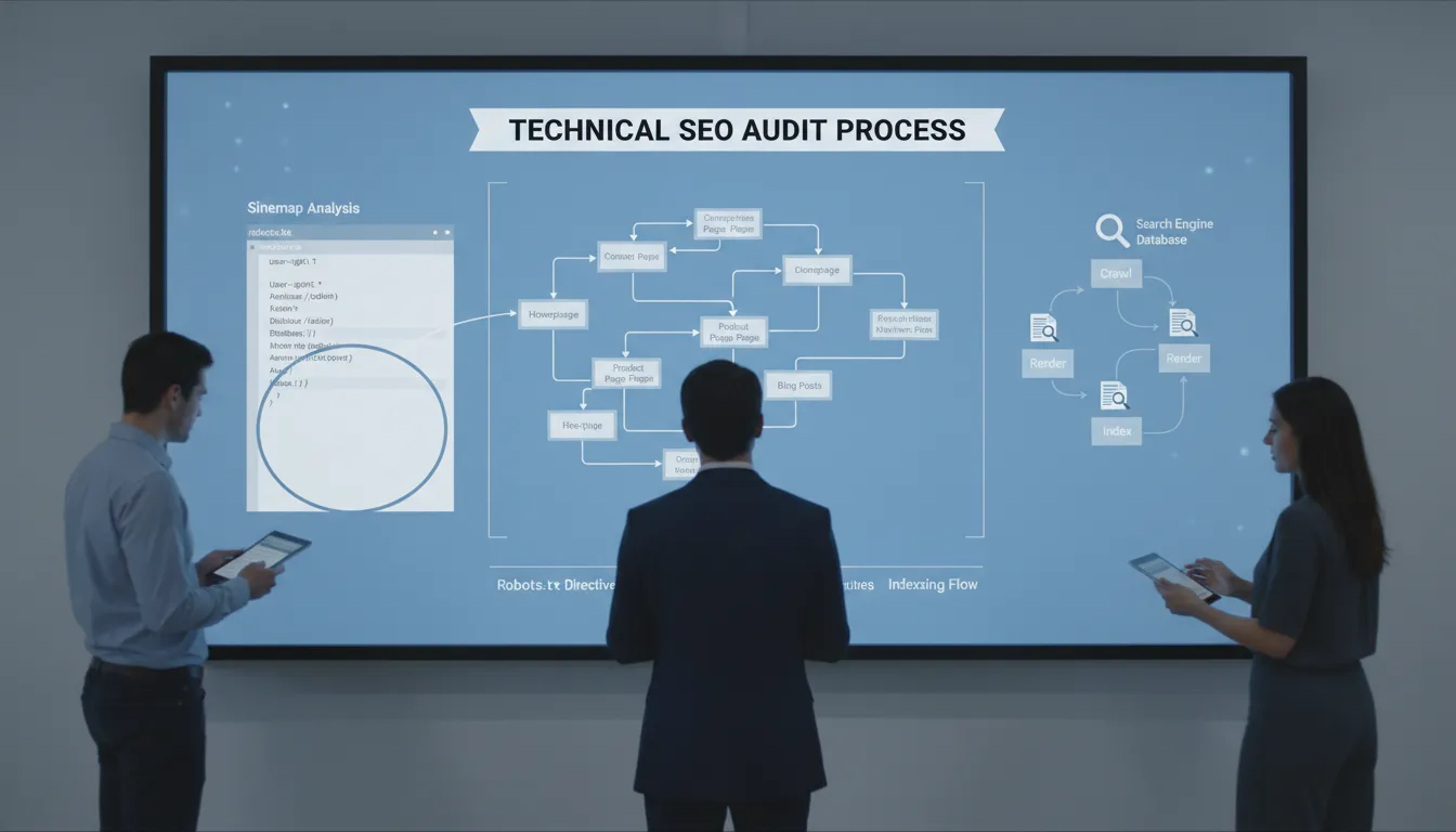 Quadro digital mostra processo de indexação eficiente com sitemap, robots.txt e fluxo de análise técnica.