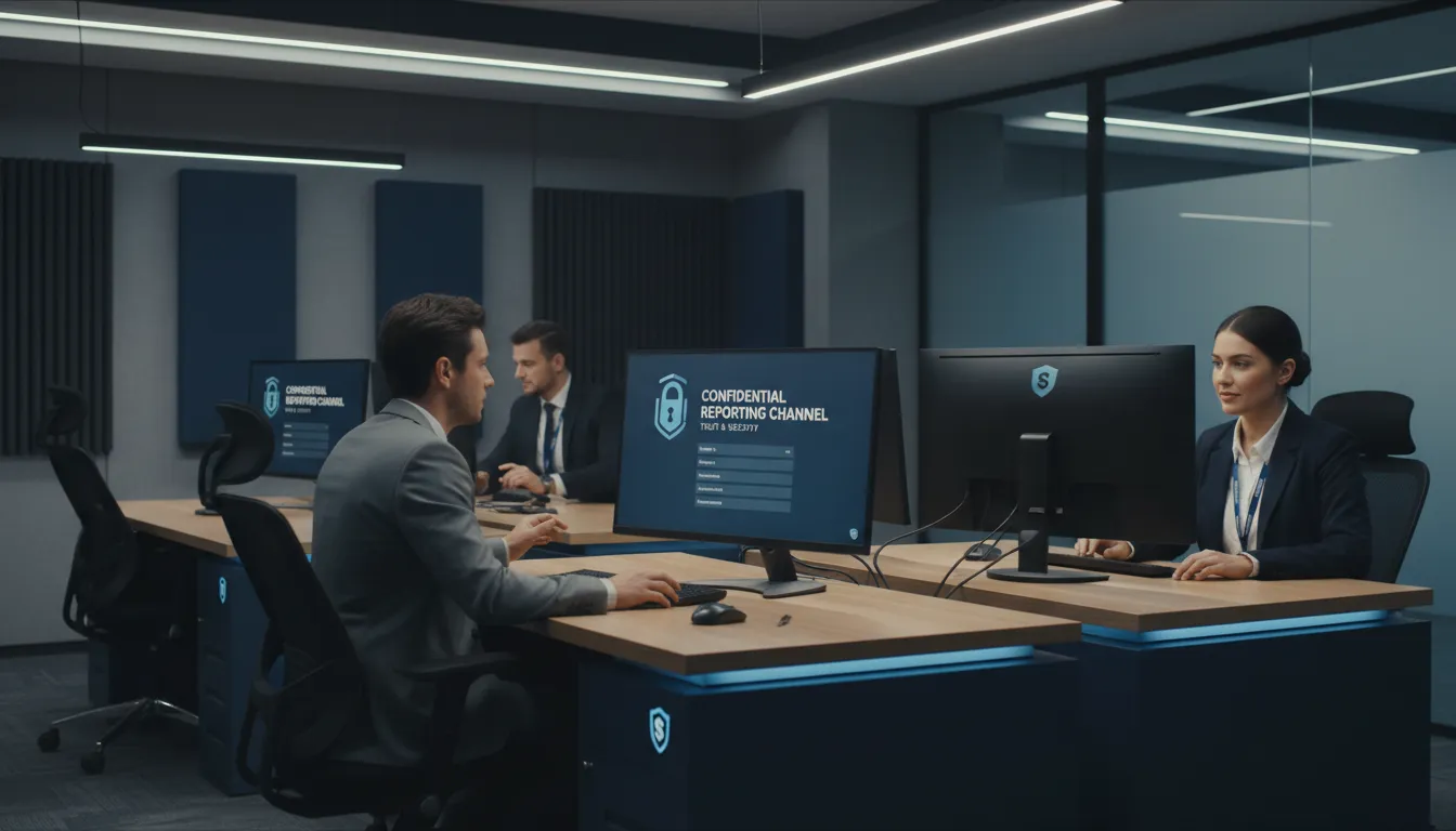 Colaboradores utilizando canal digital de denúncias com sensação de segurança e privacidade.