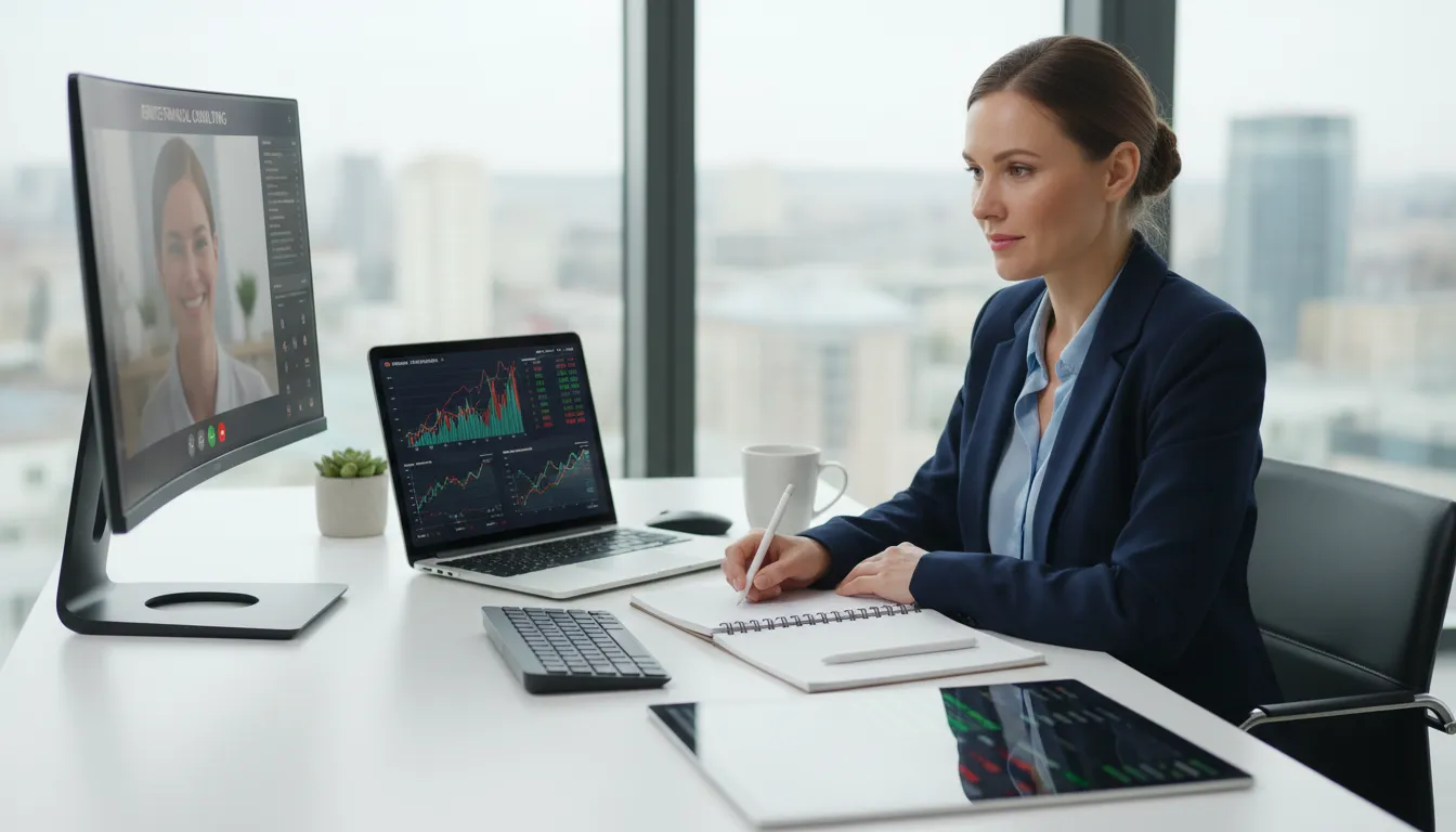 Mulher consulta gráficos financeiros digitais durante uma assessoria online, ambiente organizado e iluminado.