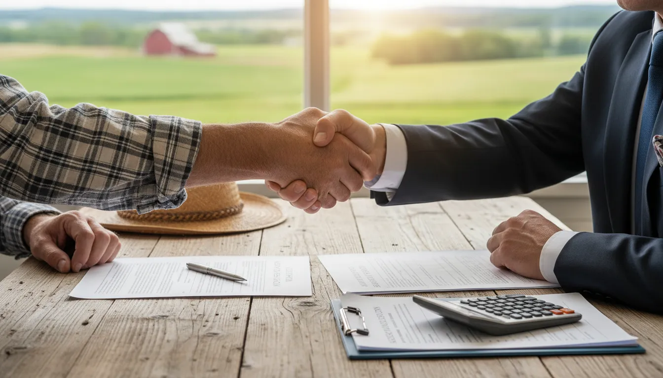 Negociação entre produtor rural e gerente bancário, enfatizando busca por soluções financeiras no campo.