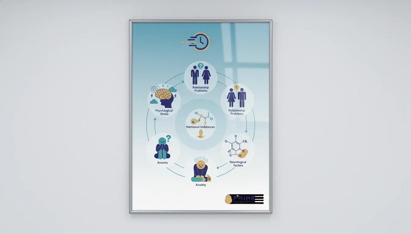 Infográfico informativo sobre ejaculação precoce causas, abordando estresse, hormônios e problemas de relacionamento. Prime Medical.